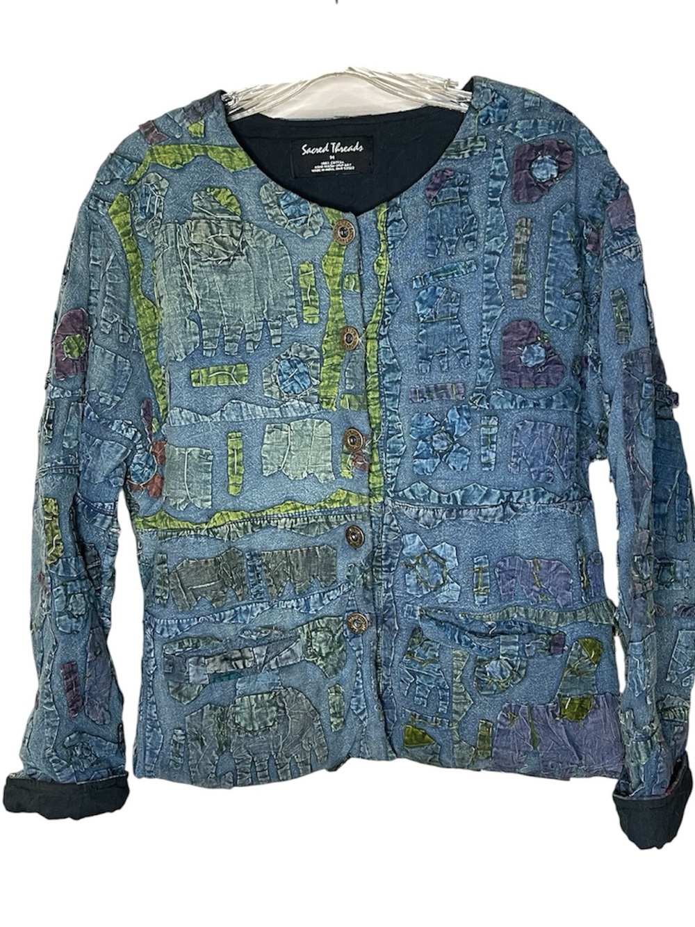 Sacred Threads Blue Patchwork Art-To-Wear Jacket with Green Accents Sz M